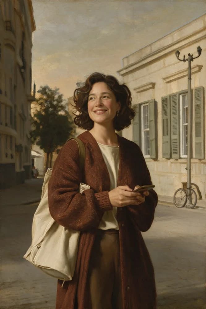 Peinture : une femme dans la rue, lumière de fin de journée
