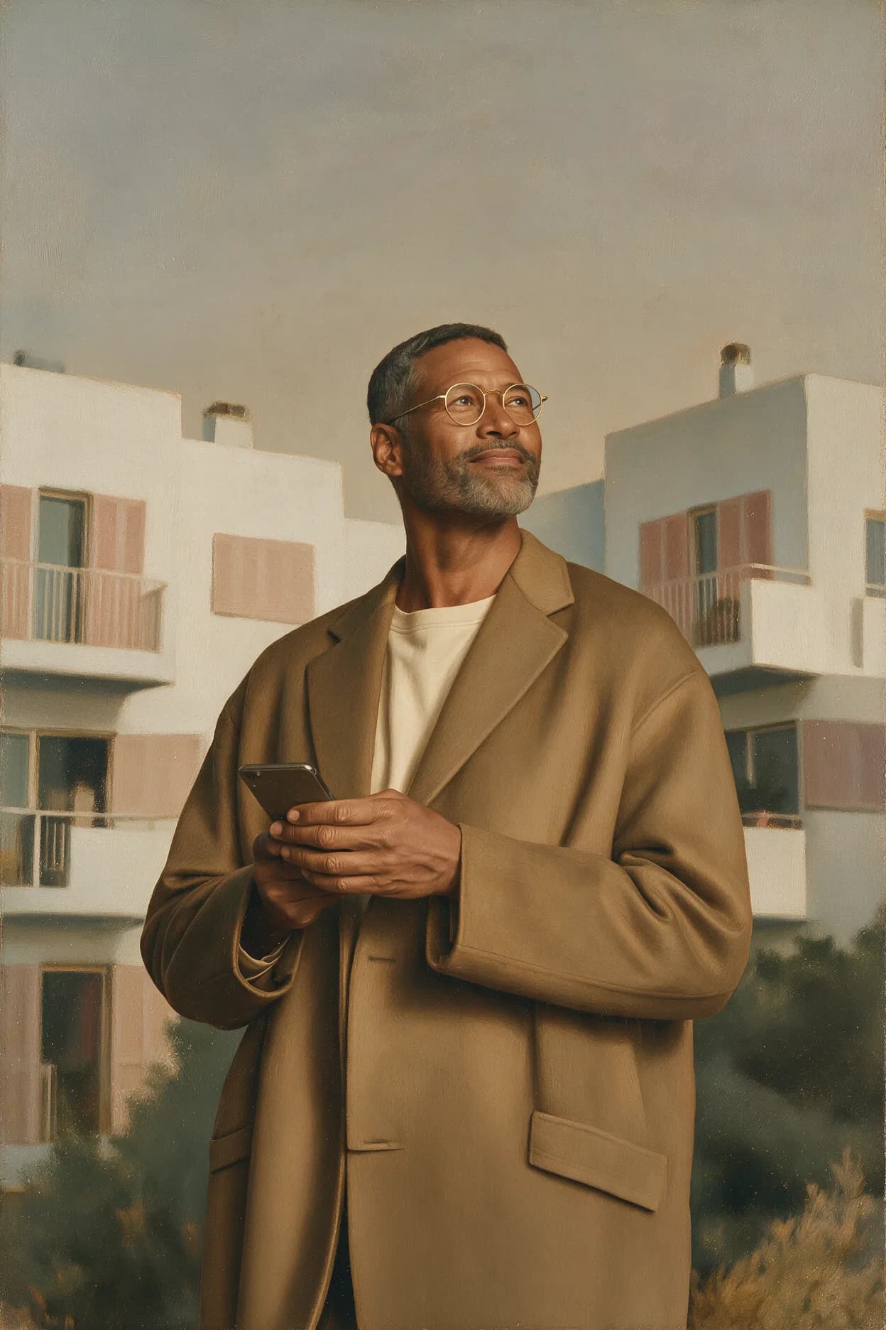 Peinture : un homme devant des immeubles clairs